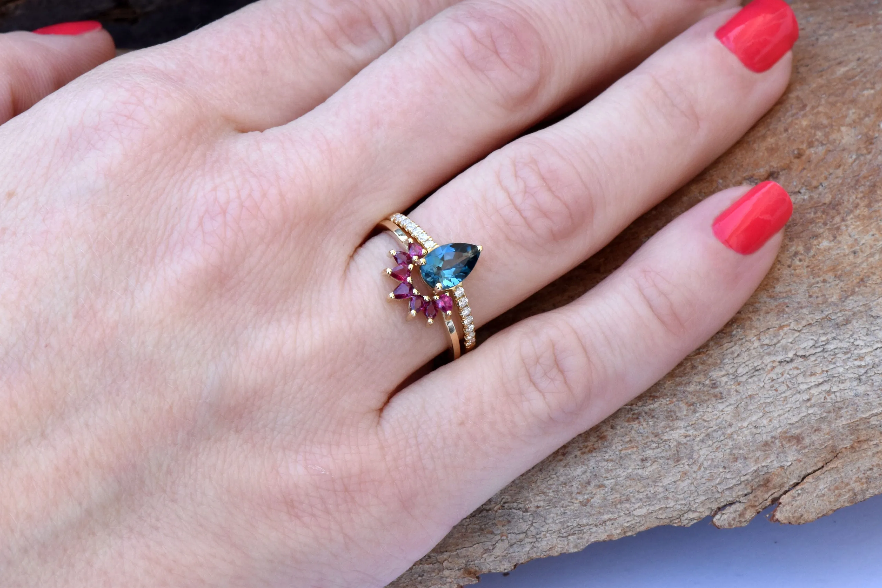 London blue topaz pear cut ring yellow gold-Bridal set rings yellow gold-Promised ring-Cluster wedding set-Ruby Ring