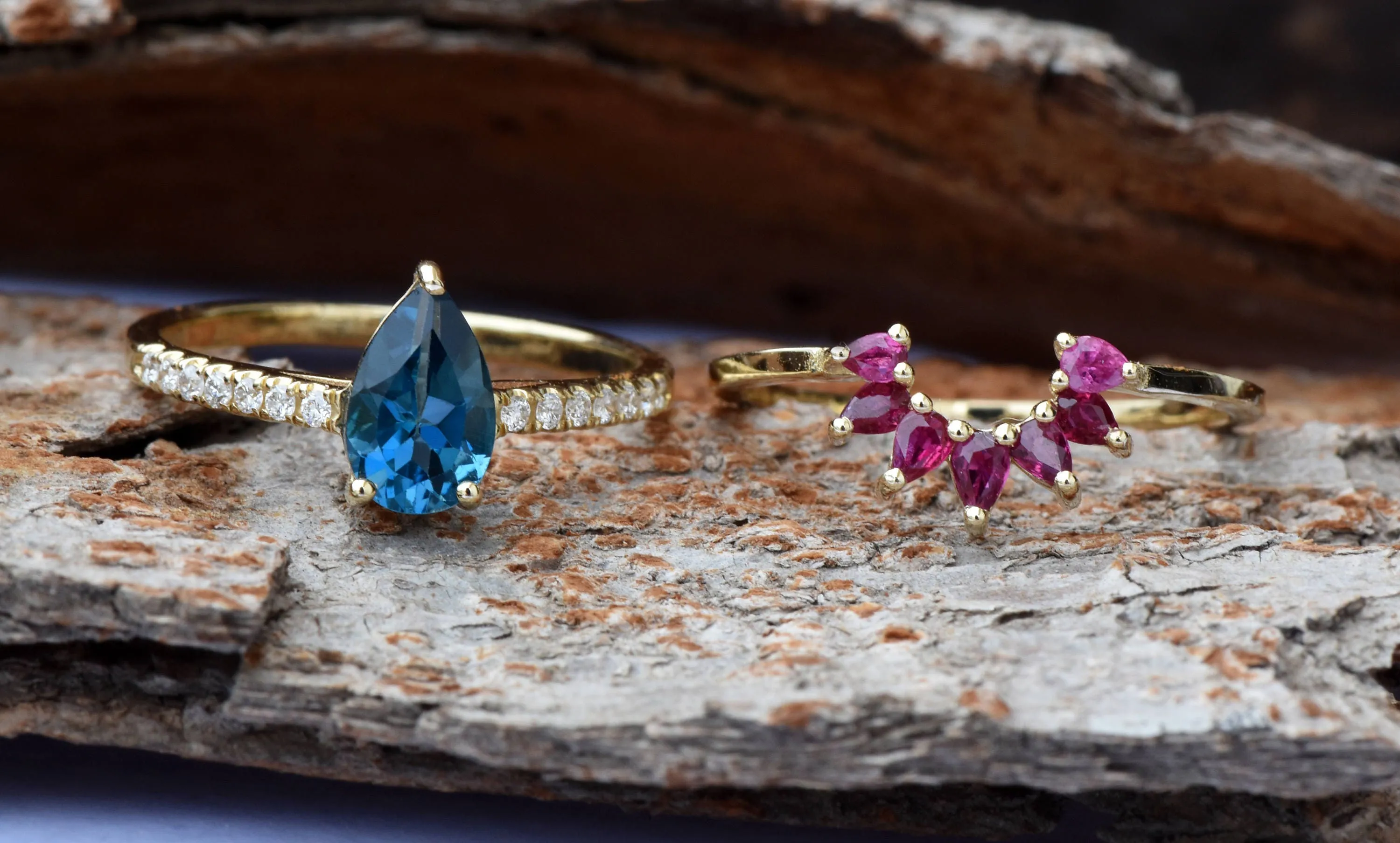 London blue topaz pear cut ring yellow gold-Bridal set rings yellow gold-Promised ring-Cluster wedding set-Ruby Ring