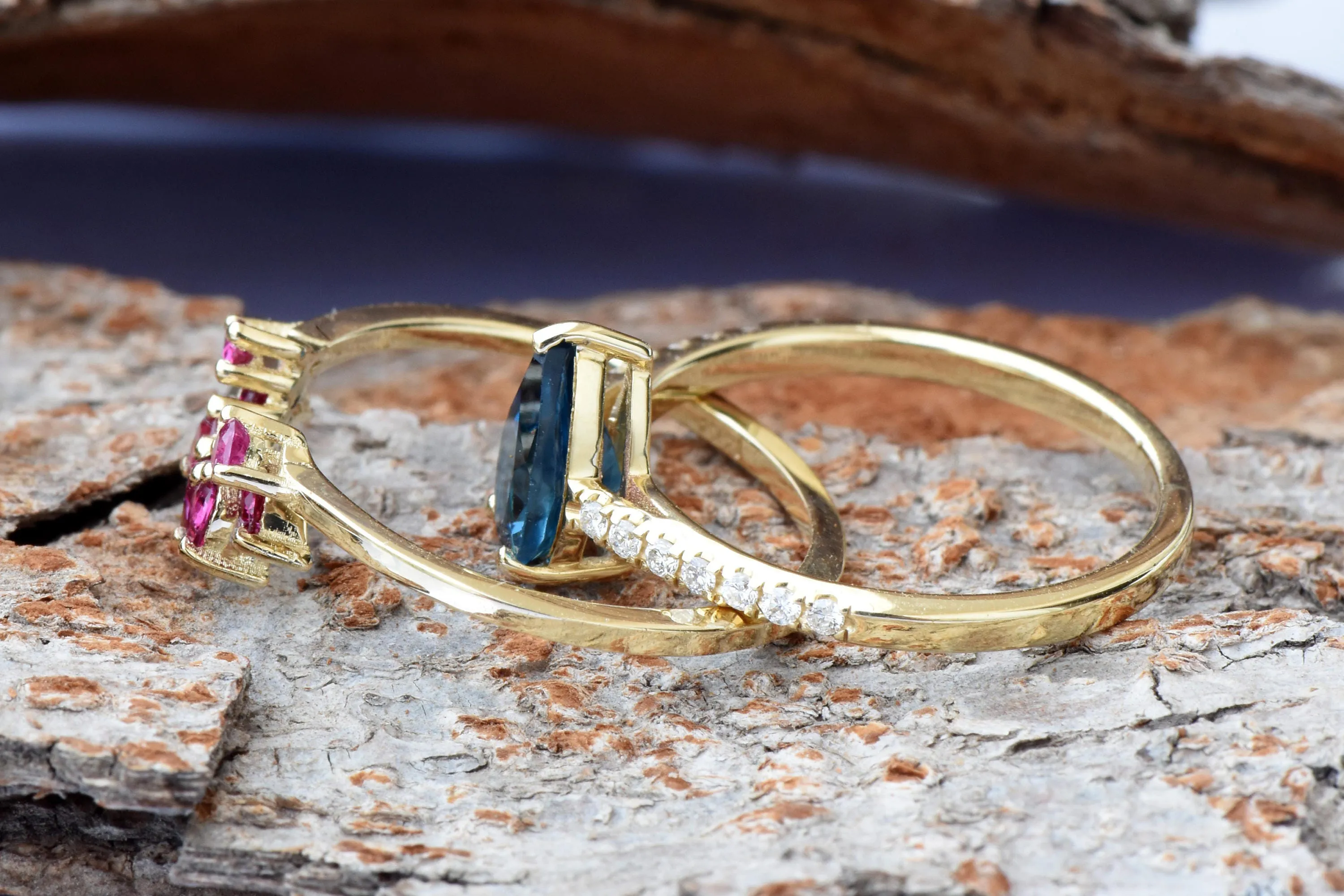 London blue topaz pear cut ring yellow gold-Bridal set rings yellow gold-Promised ring-Cluster wedding set-Ruby Ring