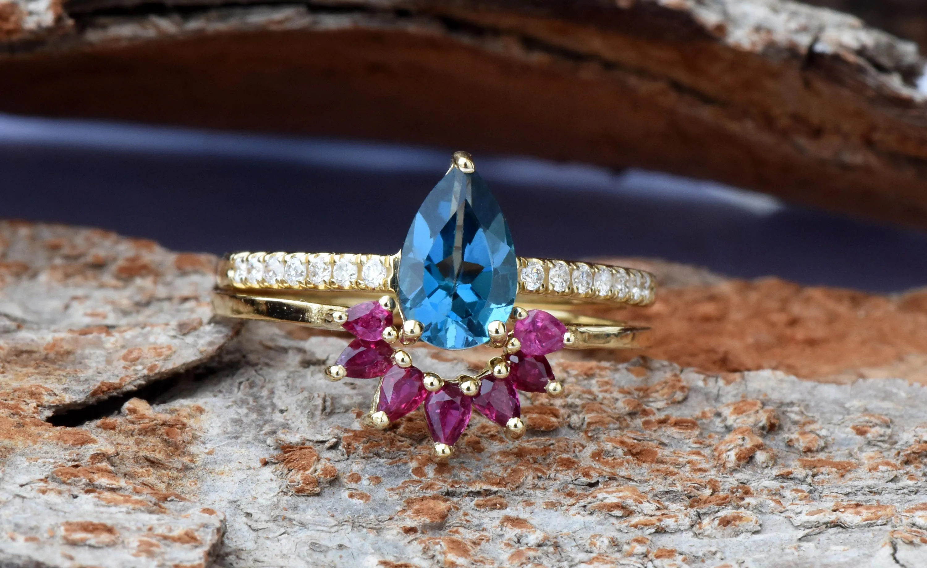 London blue topaz pear cut ring yellow gold-Bridal set rings yellow gold-Promised ring-Cluster wedding set-Ruby Ring