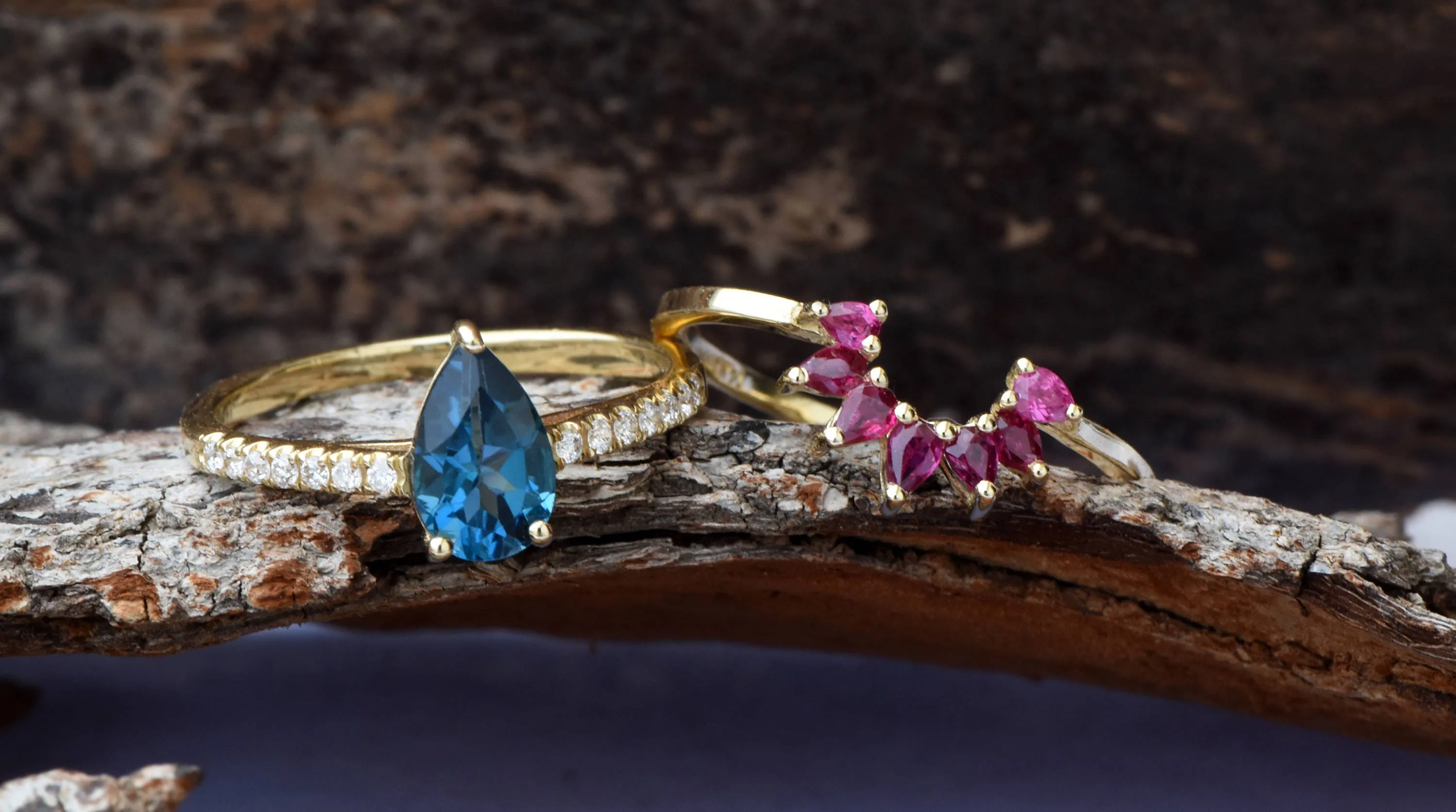 London blue topaz pear cut ring yellow gold-Bridal set rings yellow gold-Promised ring-Cluster wedding set-Ruby Ring