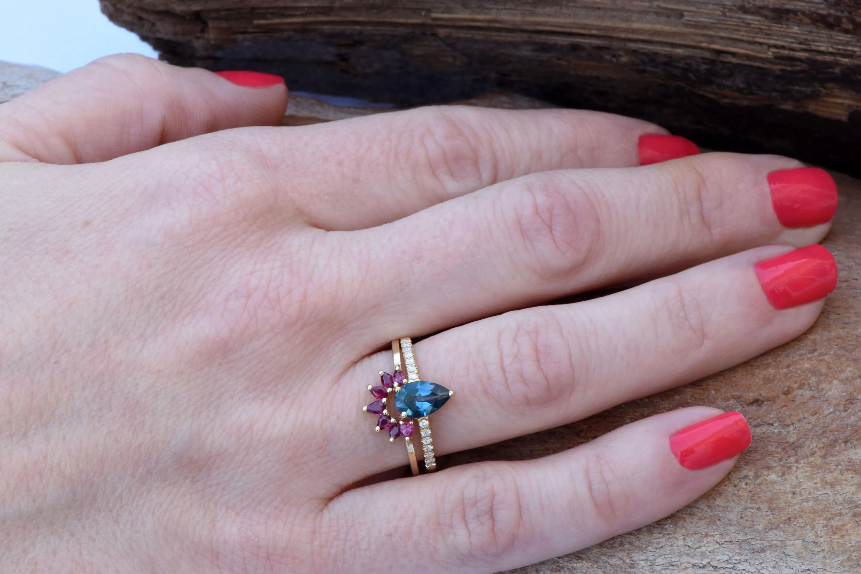 London blue topaz pear cut ring yellow gold-Bridal set rings yellow gold-Promised ring-Cluster wedding set-Ruby Ring