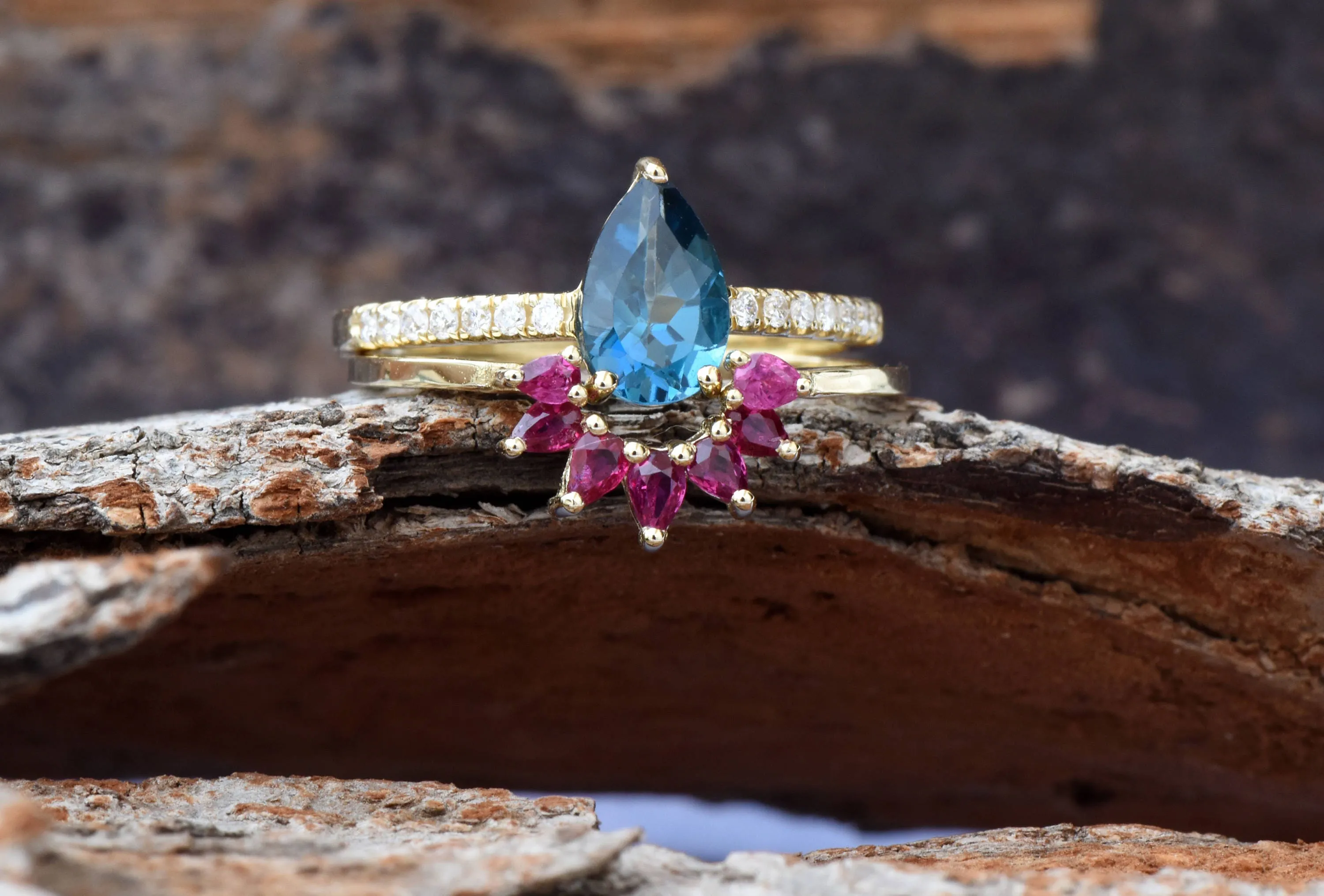 London blue topaz pear cut ring yellow gold-Bridal set rings yellow gold-Promised ring-Cluster wedding set-Ruby Ring