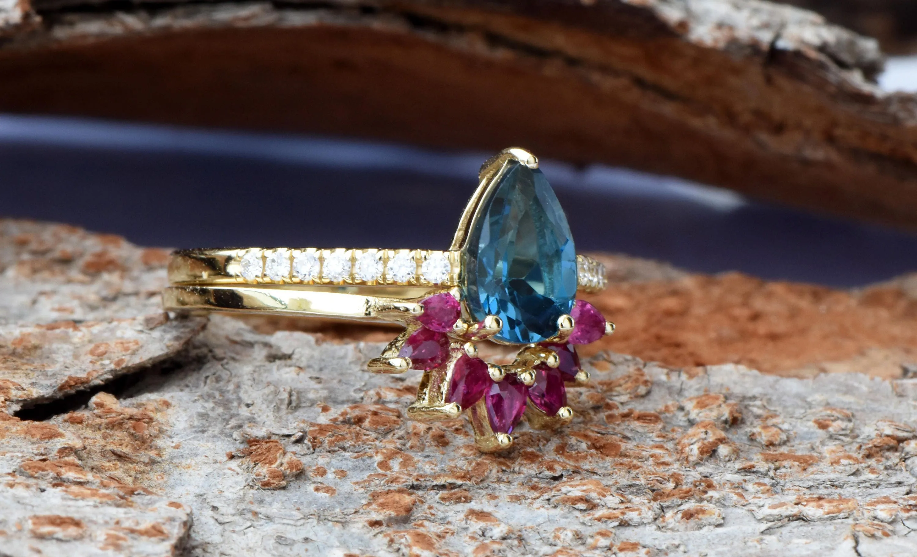 London blue topaz pear cut ring yellow gold-Bridal set rings yellow gold-Promised ring-Cluster wedding set-Ruby Ring