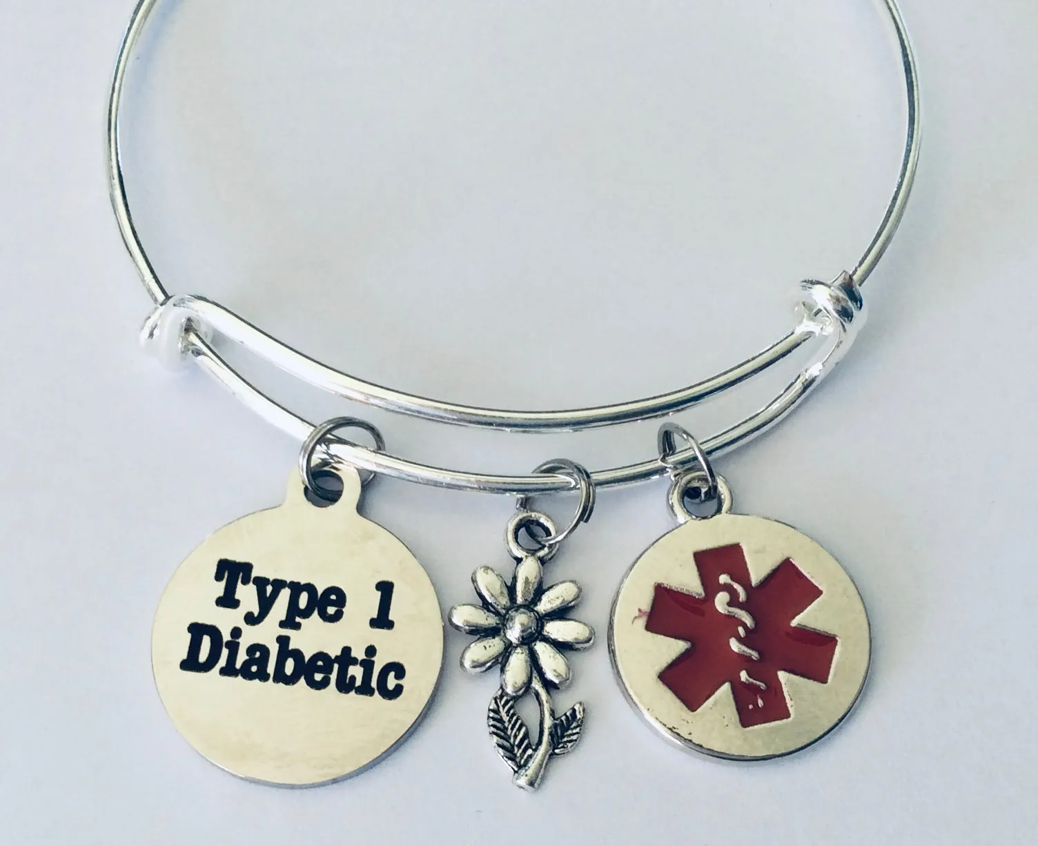 Medical Alert Type 1 Diabetic Expandable Charm Bracelet Diabetes Silver Adjustable Bangle Gift