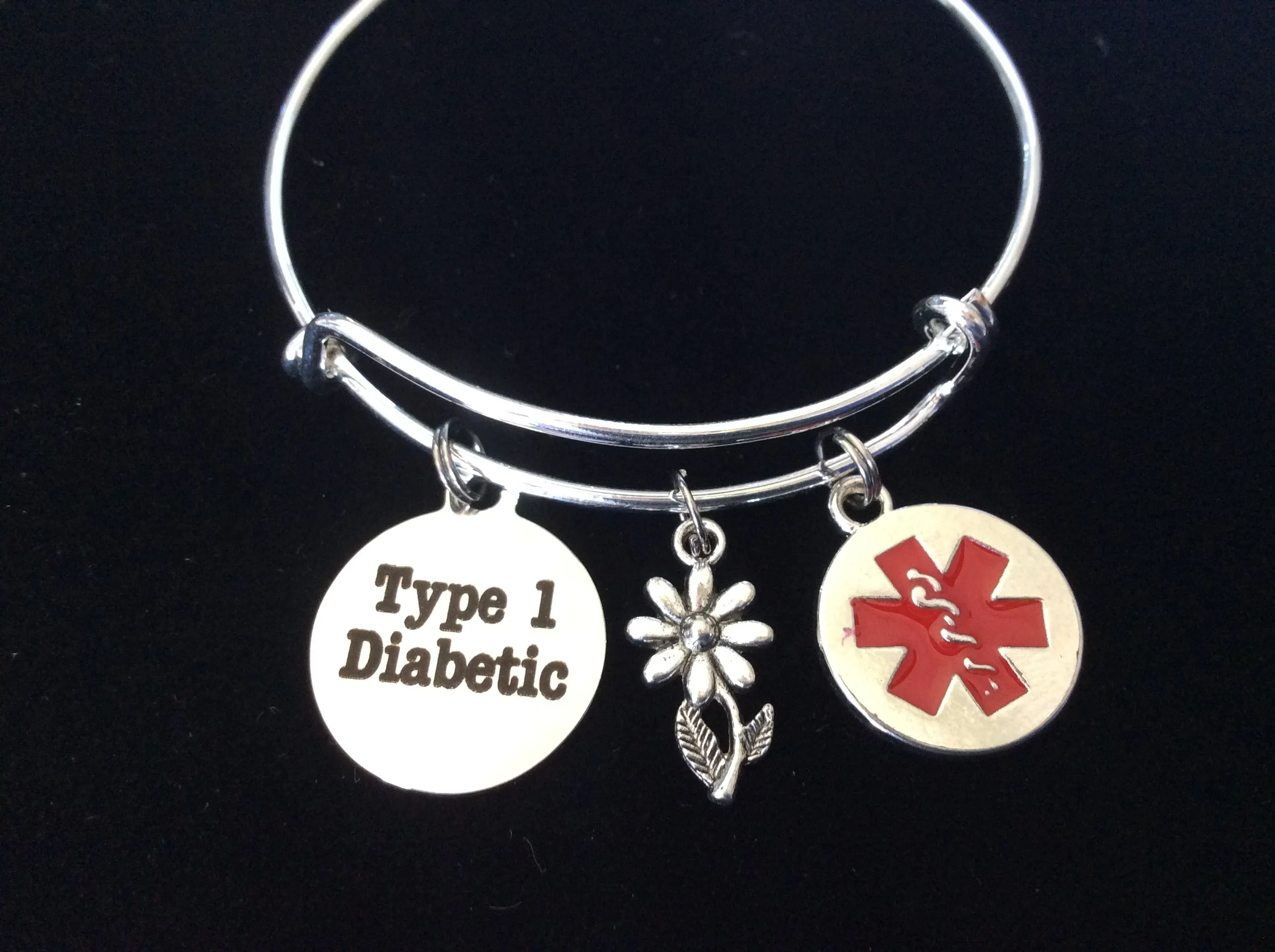 Medical Alert Type 1 Diabetic Expandable Charm Bracelet Diabetes Silver Adjustable Bangle Gift