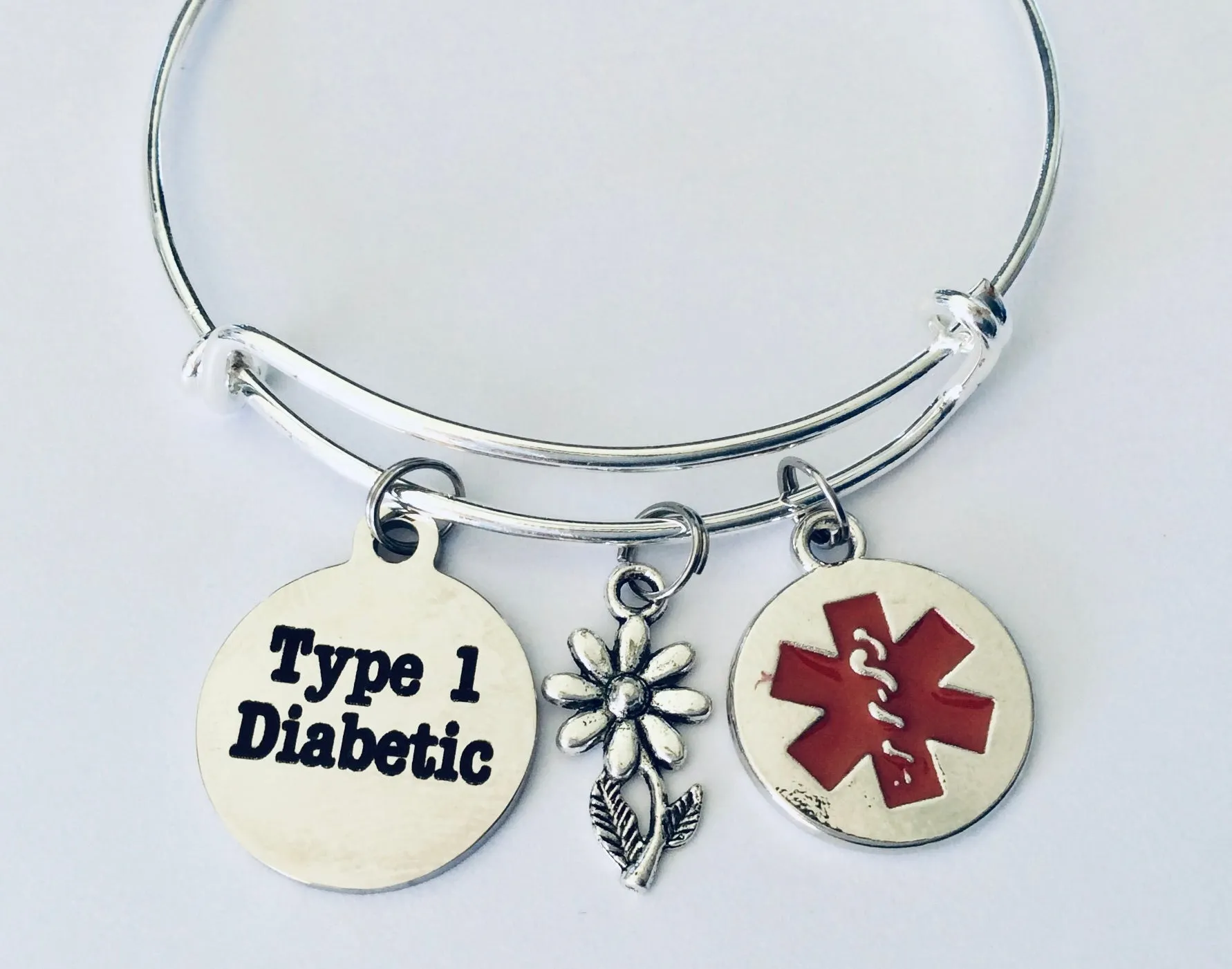Medical Alert Type 1 Diabetic Expandable Charm Bracelet Diabetes Silver Adjustable Bangle Gift