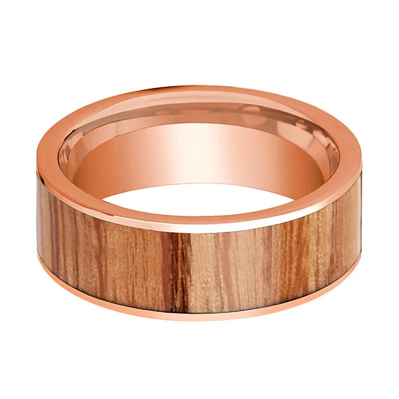 Men's 14K Rose Gold Wedding Band with Red Oak Wood Inlay Polished - 8MM