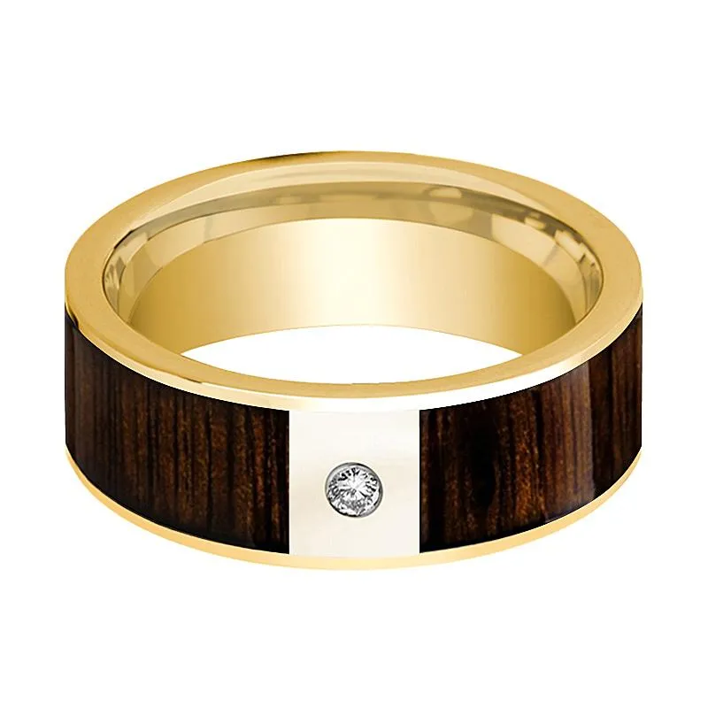 Men's 14k Yellow Gold & Diamond Flat Wedding Band with Black Walnut Inlay - 8MM