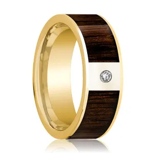 Men's 14k Yellow Gold & Diamond Flat Wedding Band with Black Walnut Inlay - 8MM