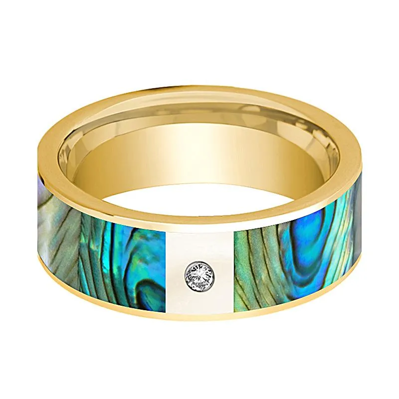 Men's 14k Yellow Gold Flat Wedding Band with Mother of Pearl Inlay and White Diamond Setting