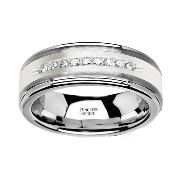 Men's Tungsten Wedding Band with Brushed Silver Inlay and 9 White Diamonds - 8mm