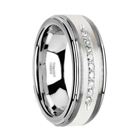 Men's Tungsten Wedding Band with Brushed Silver Inlay and 9 White Diamonds - 8mm