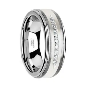 Men's Tungsten Wedding Band with Brushed Silver Inlay and 9 White Diamonds - 8mm