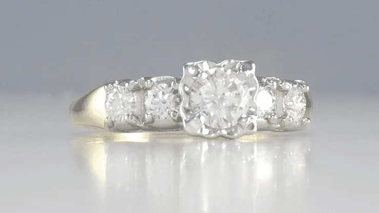 Mid Century Mixed Metal Certified Diamond Engagement Ring in Two Tone 14 Karat White and Yellow Gold