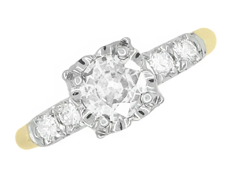 Mid Century Mixed Metal Certified Diamond Engagement Ring in Two Tone 14 Karat White and Yellow Gold
