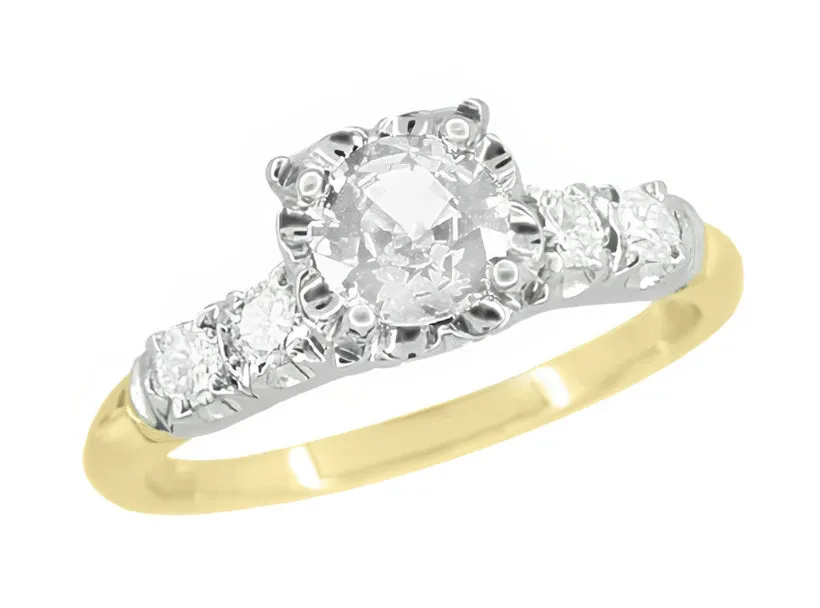 Mid Century Mixed Metal Certified Diamond Engagement Ring in Two Tone 14 Karat White and Yellow Gold