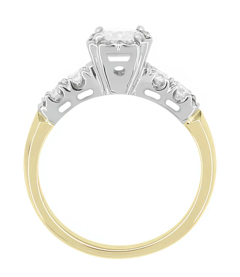 Mid Century Mixed Metal Certified Diamond Engagement Ring in Two Tone 14 Karat White and Yellow Gold
