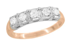 Mid Century Modern Straightline 5 Diamond Wedding Ring in 14 Karat White and Rose Gold