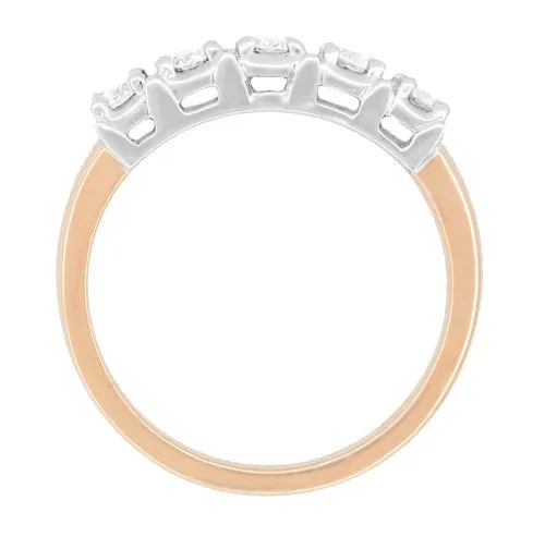 Mid Century Modern Straightline 5 Diamond Wedding Ring in 14 Karat White and Rose Gold