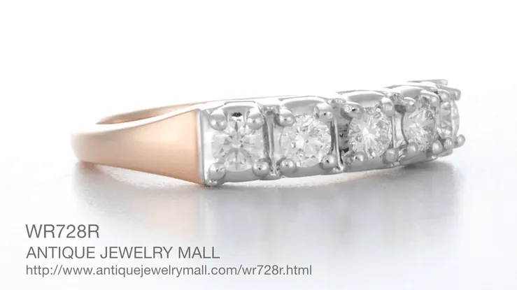 Mid Century Modern Straightline 5 Diamond Wedding Ring in 14 Karat White and Rose Gold