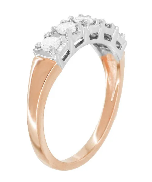 Mid Century Modern Straightline 5 Diamond Wedding Ring in 14 Karat White and Rose Gold