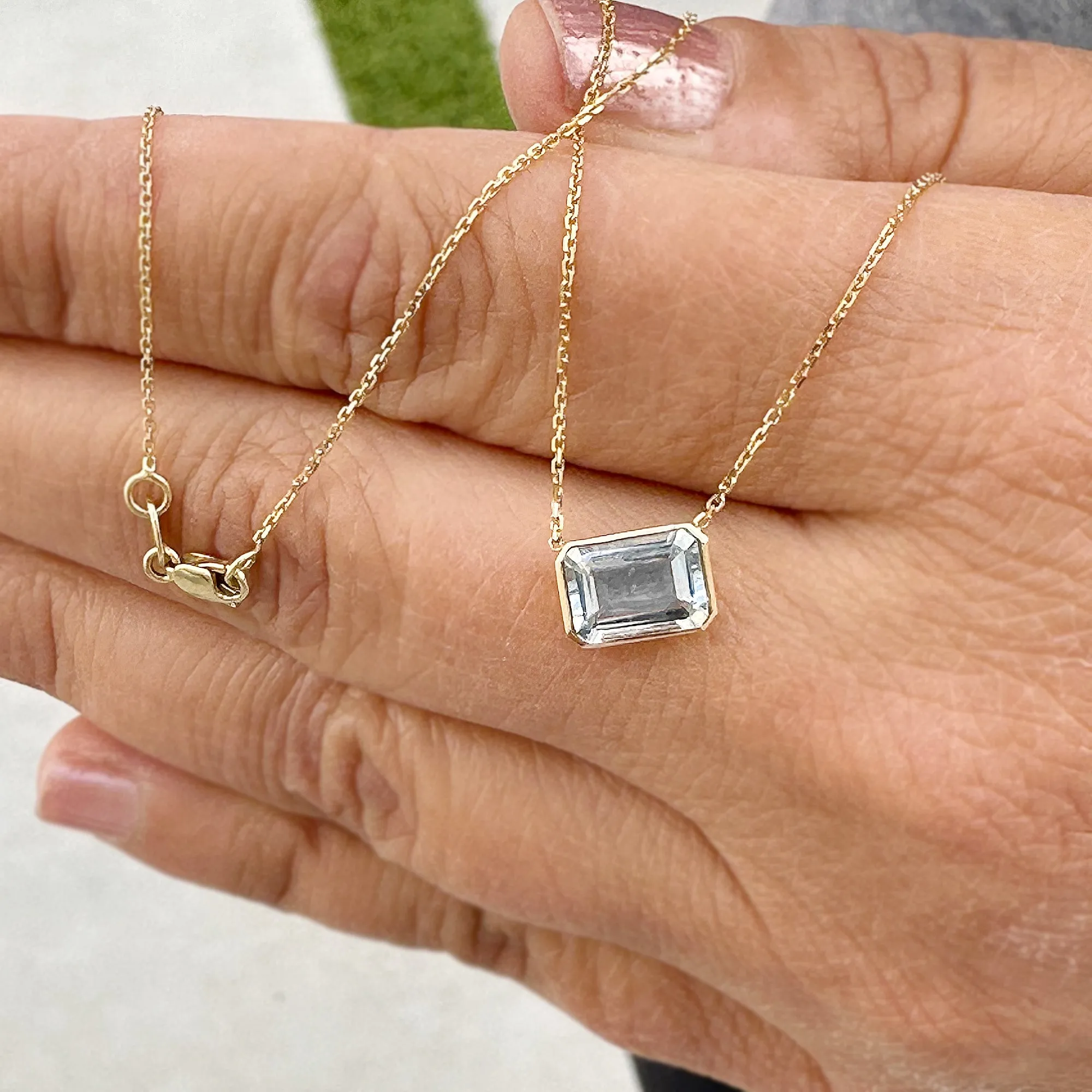 Minimalist Dainty 14k Solid Yellow Gold Emerald Natural Aquamarine Bezel Set Solitaire Necklace Chain Pendant Bridal Anniversary Gift 2.00ct