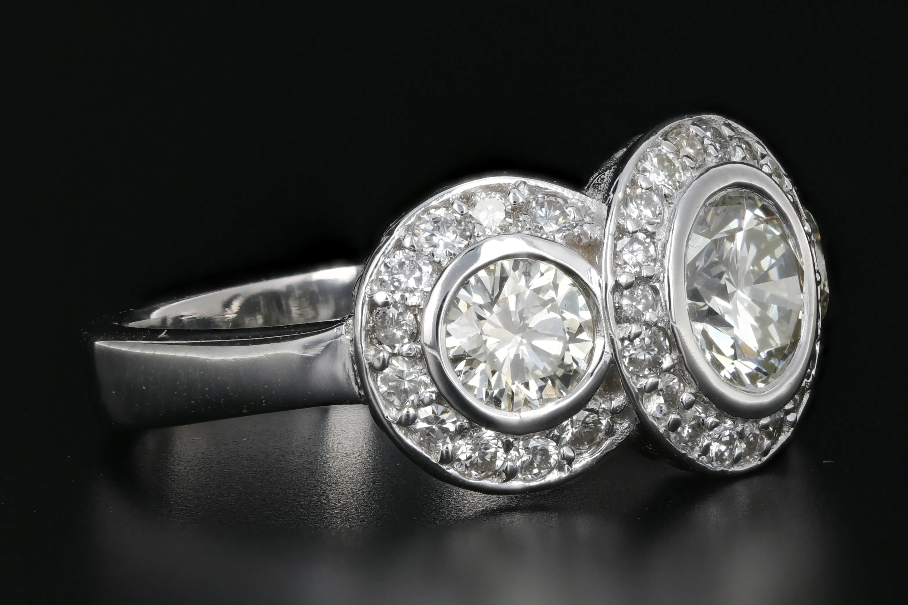 Modern 14K White Gold 3 Stone 2.45 Carat Diamond Weight Total Halo Ring