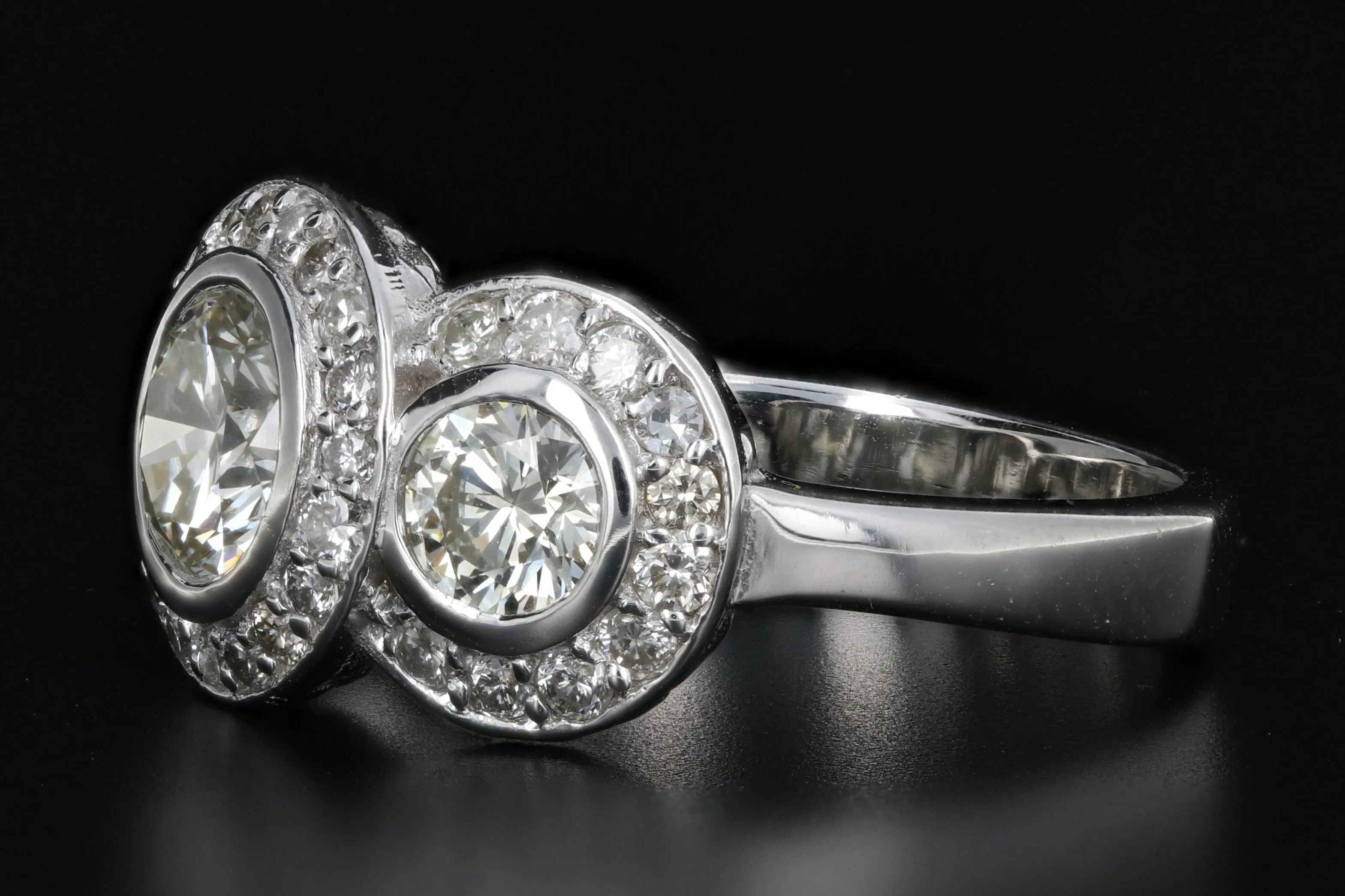 Modern 14K White Gold 3 Stone 2.45 Carat Diamond Weight Total Halo Ring