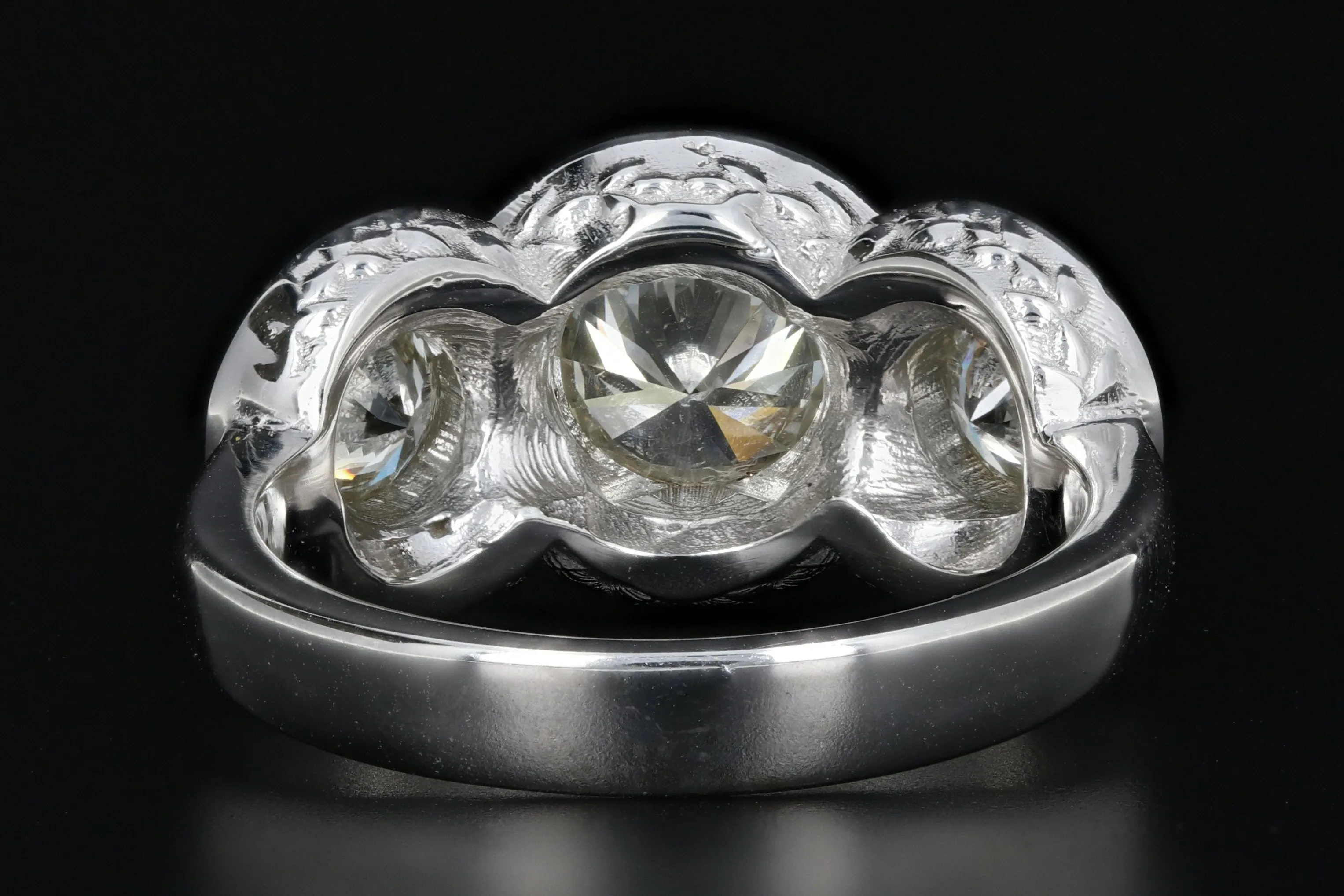 Modern 14K White Gold 3 Stone 2.45 Carat Diamond Weight Total Halo Ring