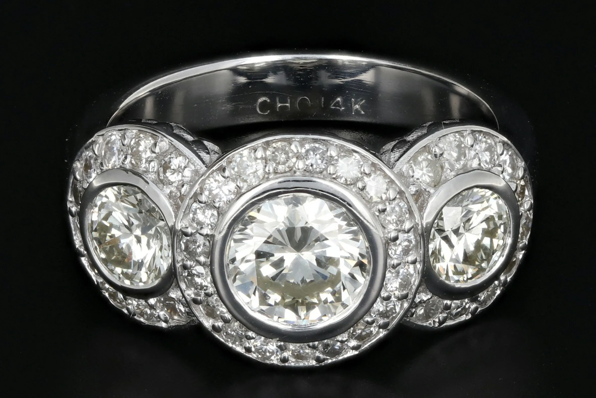 Modern 14K White Gold 3 Stone 2.45 Carat Diamond Weight Total Halo Ring