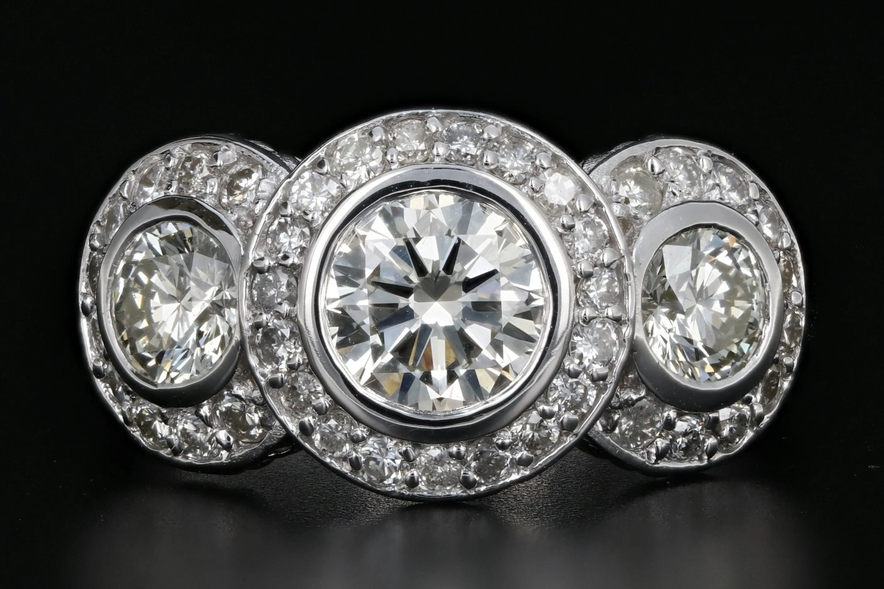 Modern 14K White Gold 3 Stone 2.45 Carat Diamond Weight Total Halo Ring