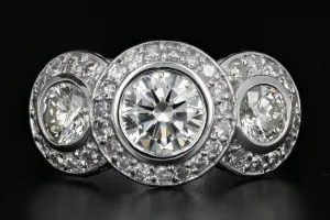 Modern 14K White Gold 3 Stone 2.45 Carat Diamond Weight Total Halo Ring