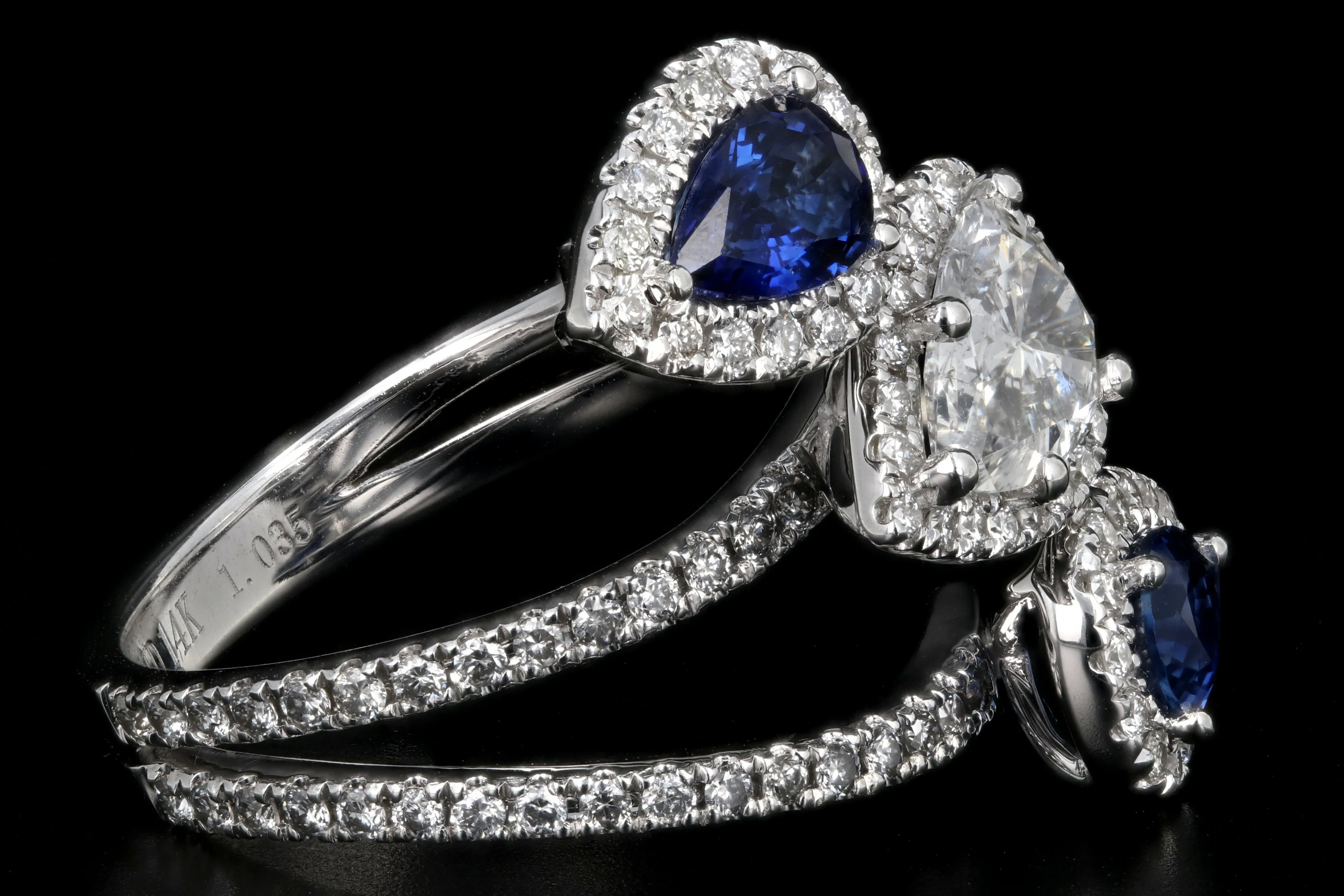 Modern 14K White Gold .83 CT Pear Cut Diamond And Sapphire Triple Bypass Ring GIA Certified