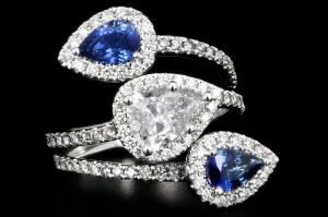 Modern 14K White Gold .83 CT Pear Cut Diamond And Sapphire Triple Bypass Ring GIA Certified
