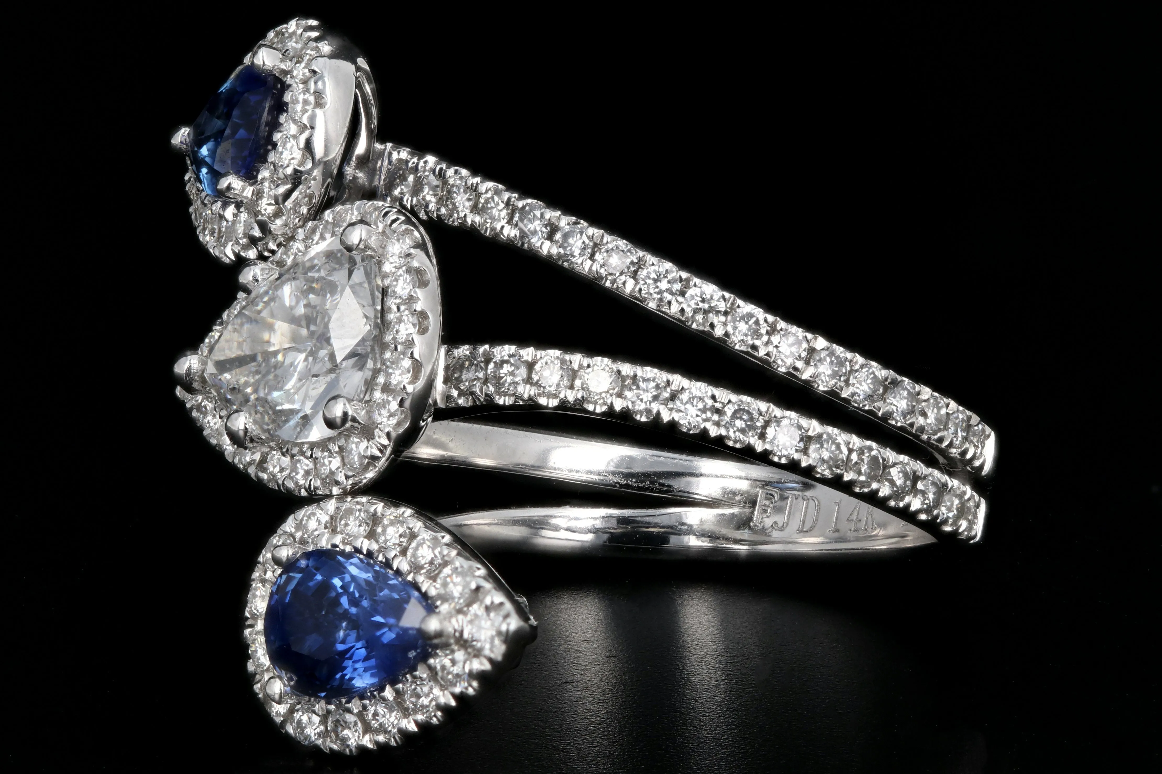 Modern 14K White Gold .83 CT Pear Cut Diamond And Sapphire Triple Bypass Ring GIA Certified
