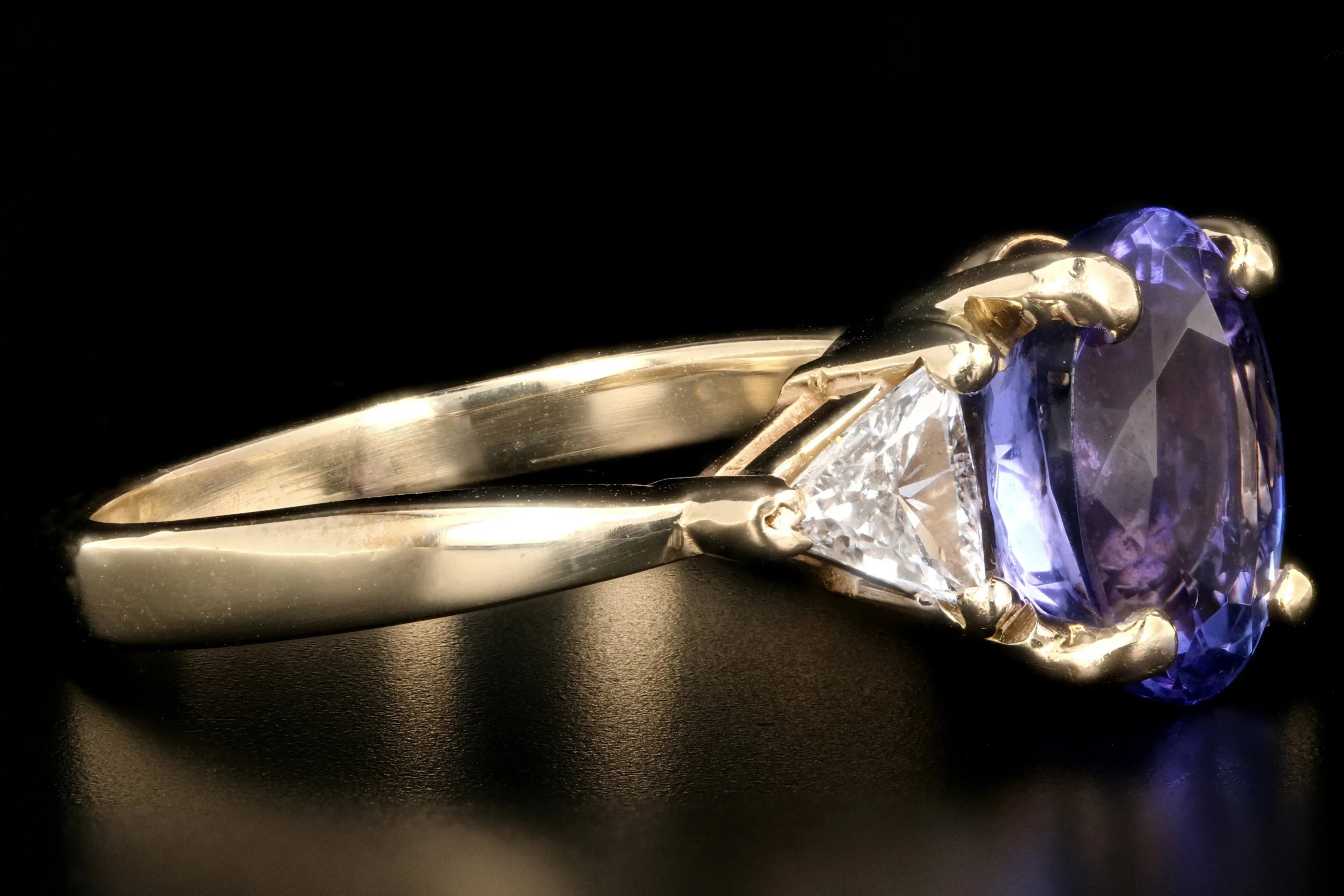 Modern 14K Yellow Gold 3 Carat Tanzanite and Trillion Cut Diamond Ring