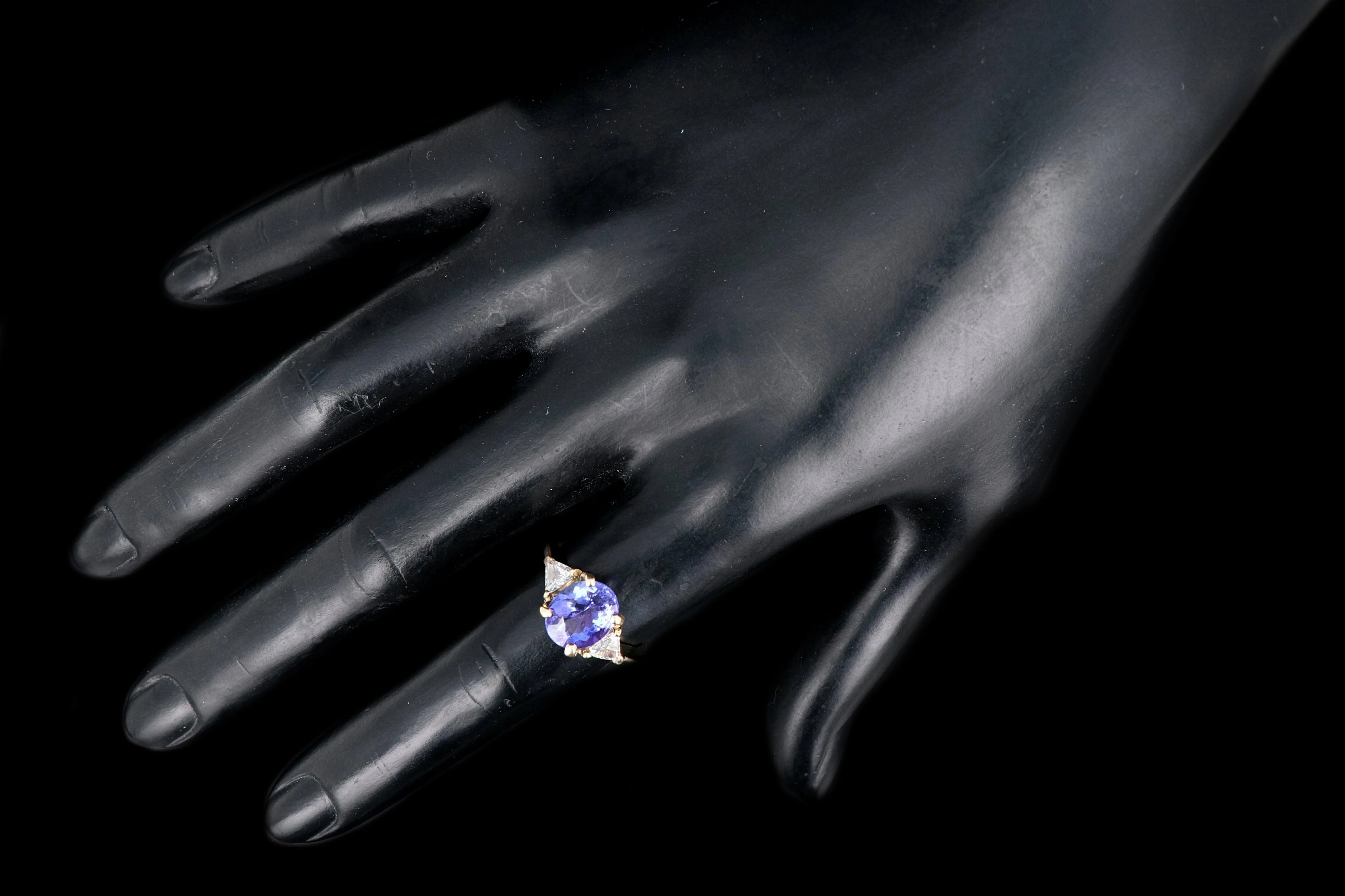 Modern 14K Yellow Gold 3 Carat Tanzanite and Trillion Cut Diamond Ring
