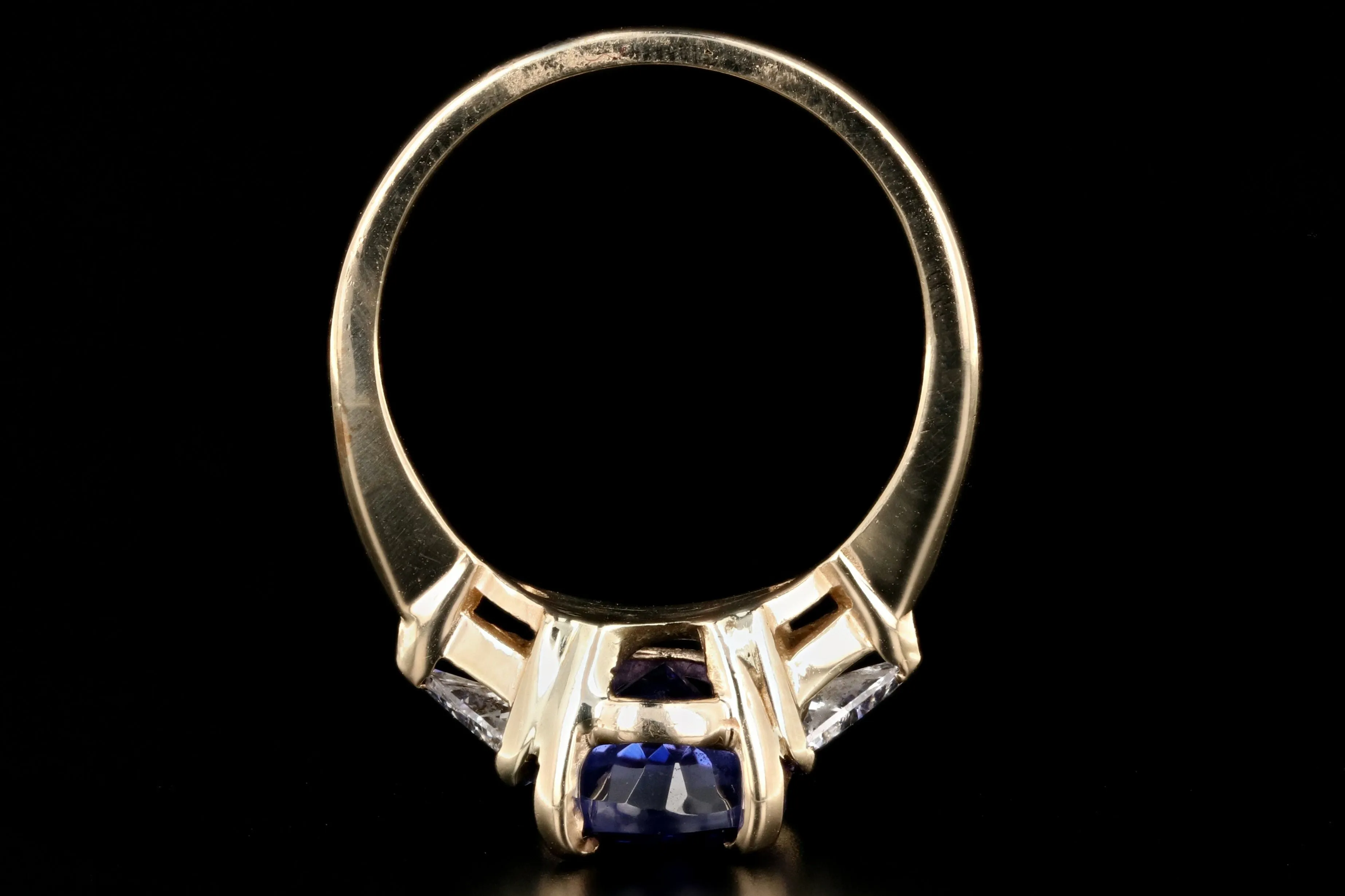 Modern 14K Yellow Gold 3 Carat Tanzanite and Trillion Cut Diamond Ring