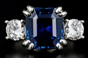 Modern Platinum AGL Certified 7.88 Carat Emerald Cut Sapphire and GIA Certified Diamond Ring