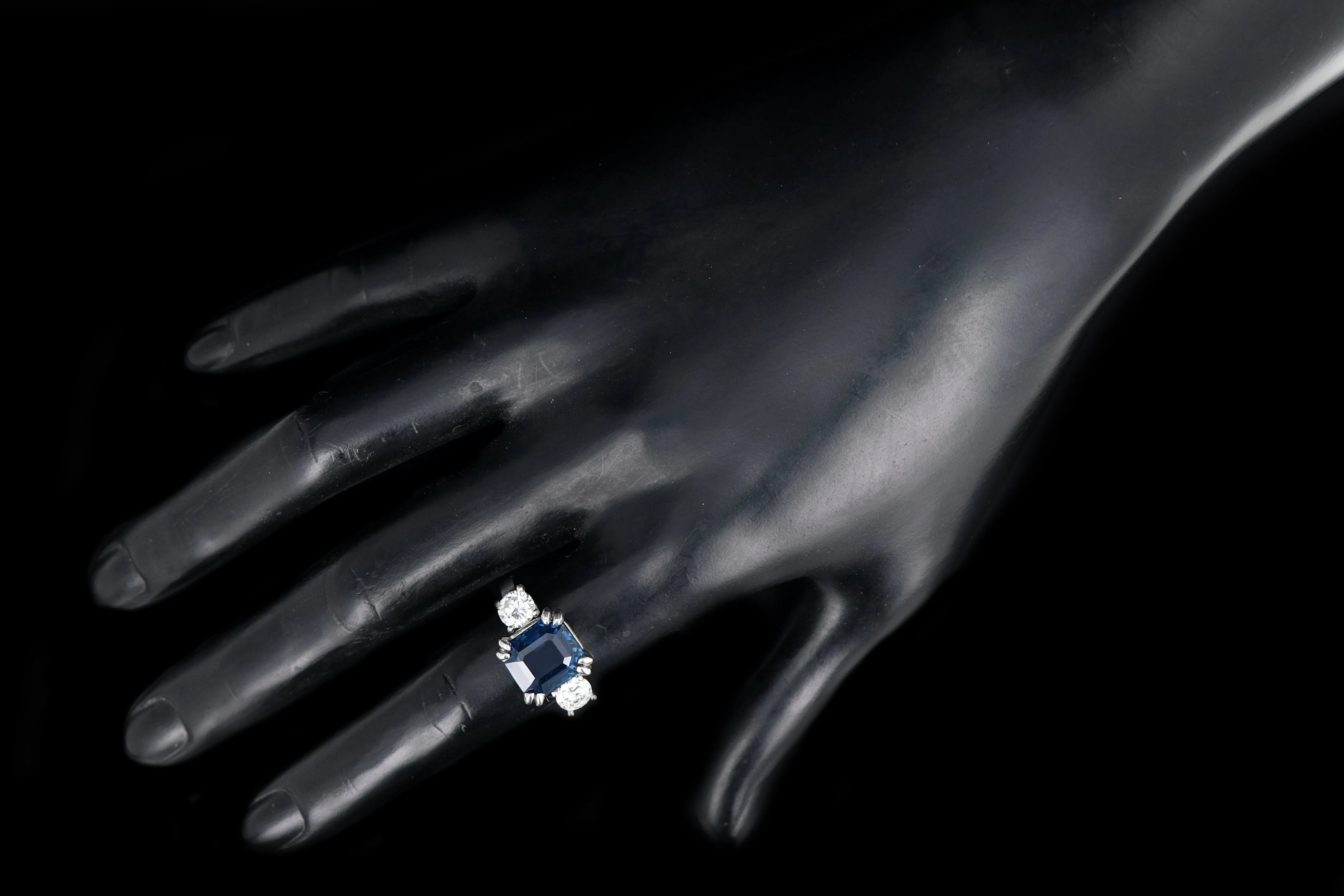 Modern Platinum AGL Certified 7.88 Carat Emerald Cut Sapphire and GIA Certified Diamond Ring
