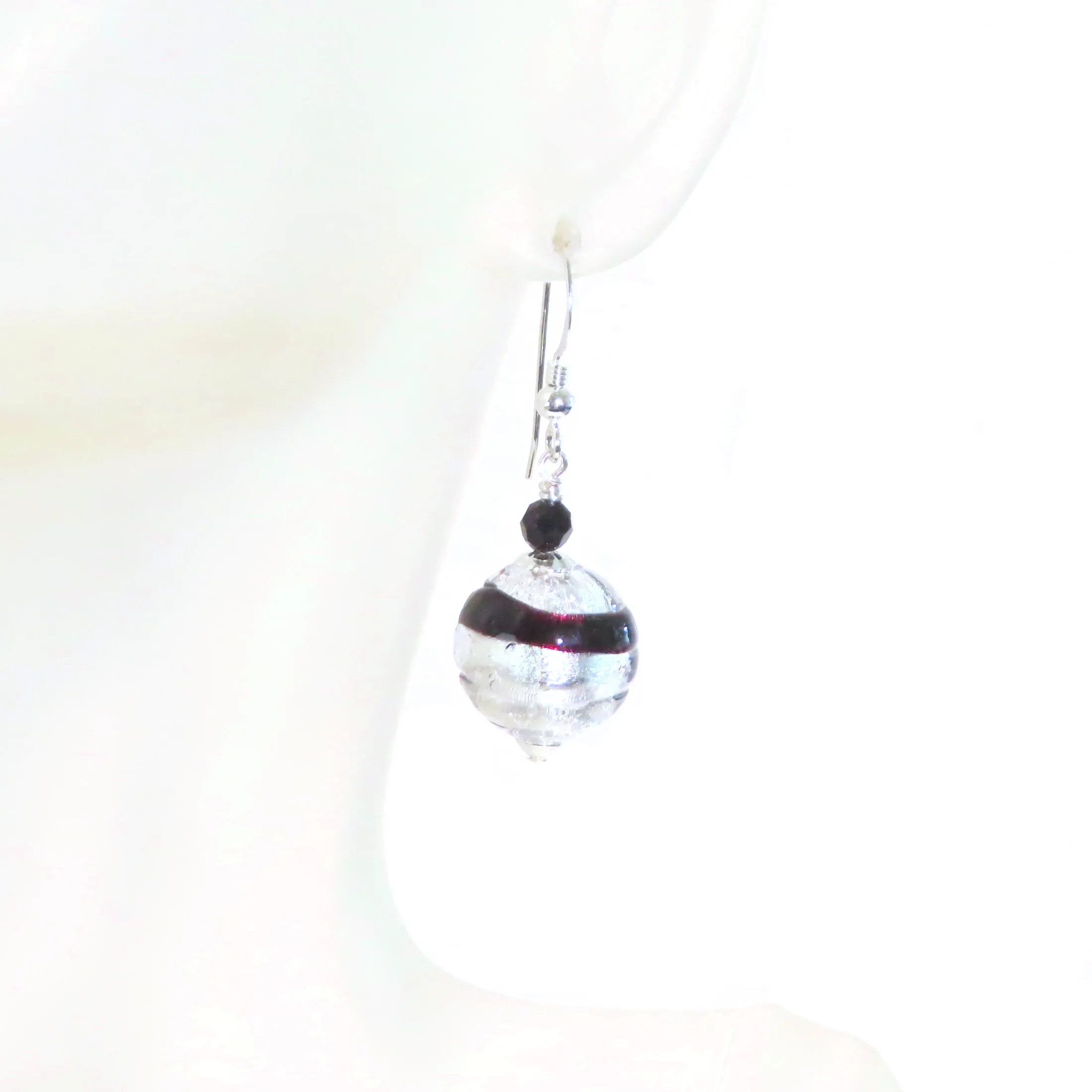 Murano Glass Black Silver Saturn Ball Silver Earrings
