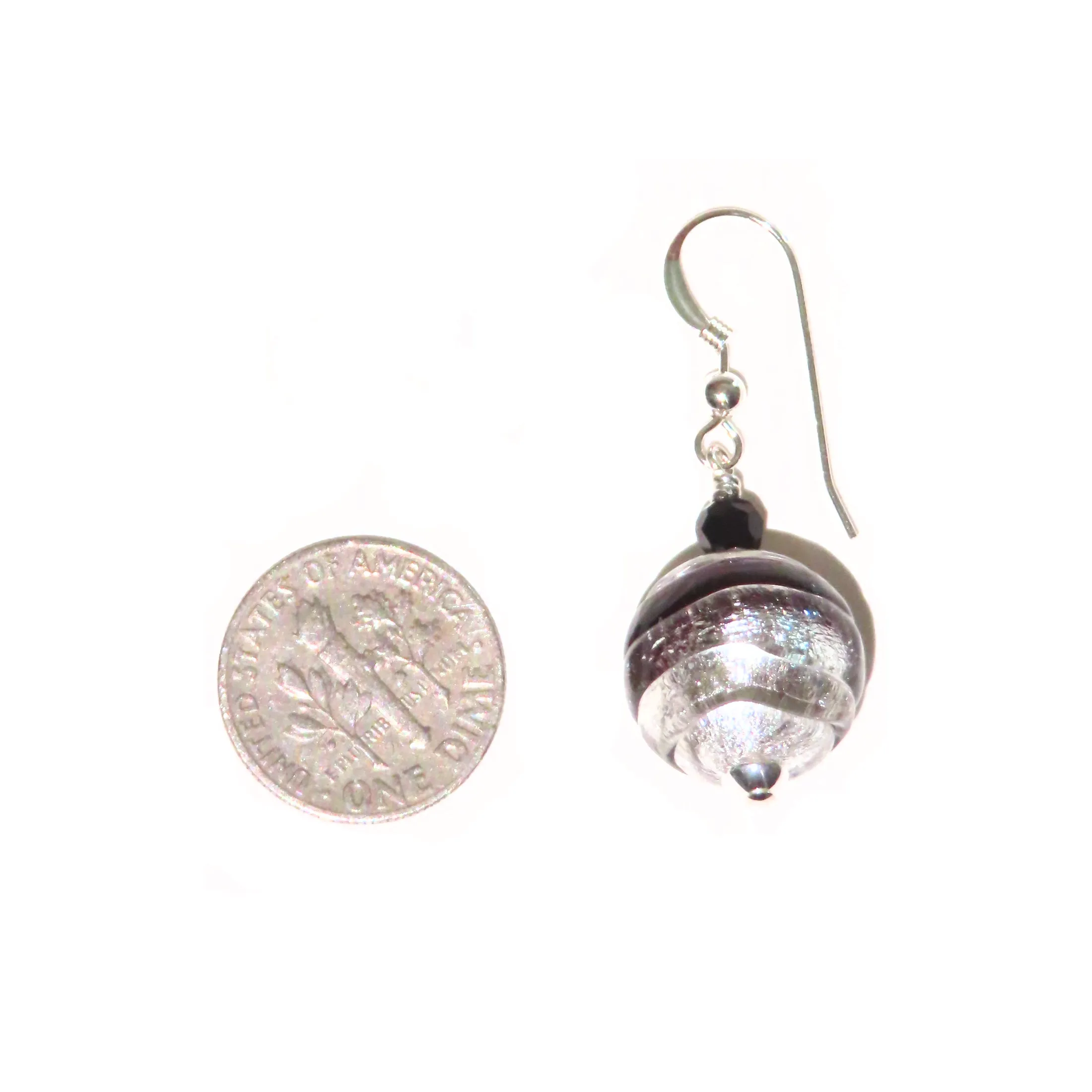 Murano Glass Black Silver Saturn Ball Silver Earrings