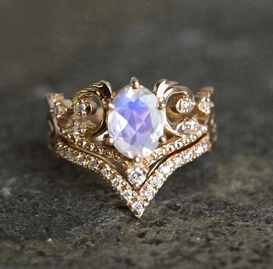 Naira Vintage Moonstone & Diamond Ring Set