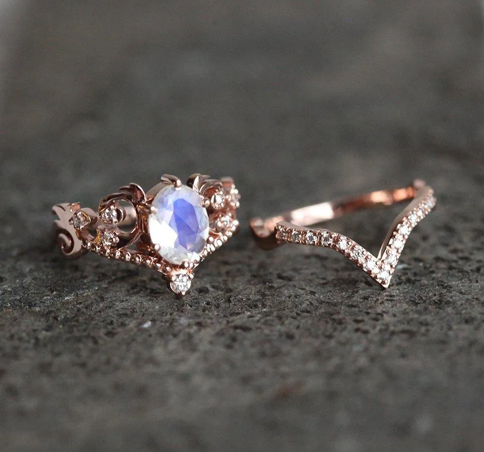 Naira Vintage Moonstone & Diamond Ring Set
