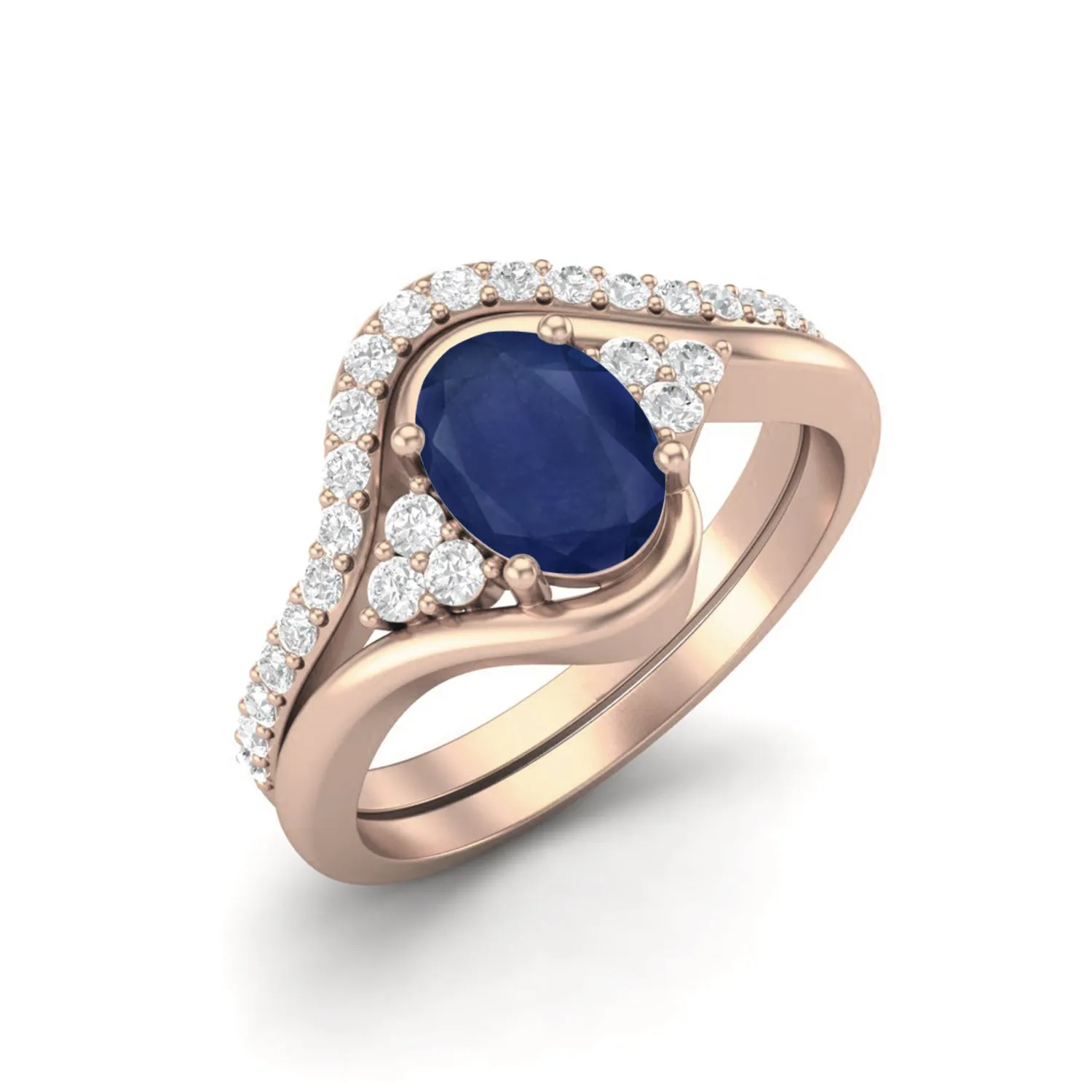 Natural Blue Sapphire Gemstone 925 Sterling Silver Dual Band Women Bridal Ring