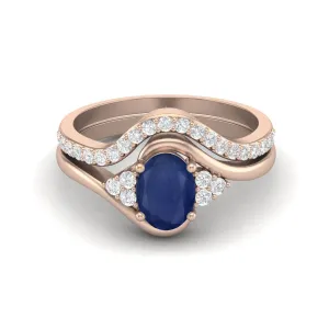Natural Blue Sapphire Gemstone 925 Sterling Silver Dual Band Women Bridal Ring