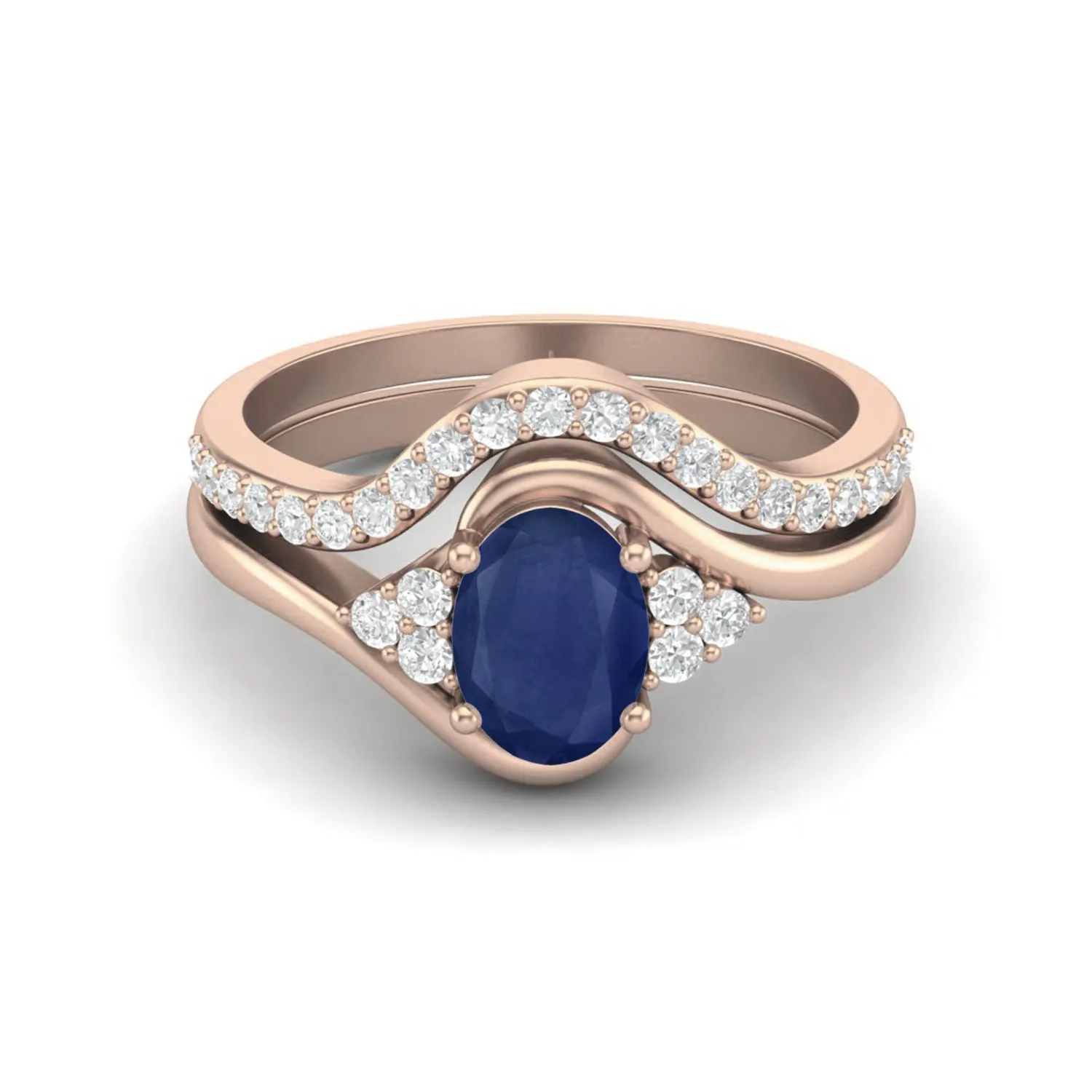 Natural Blue Sapphire Gemstone 925 Sterling Silver Dual Band Women Bridal Ring