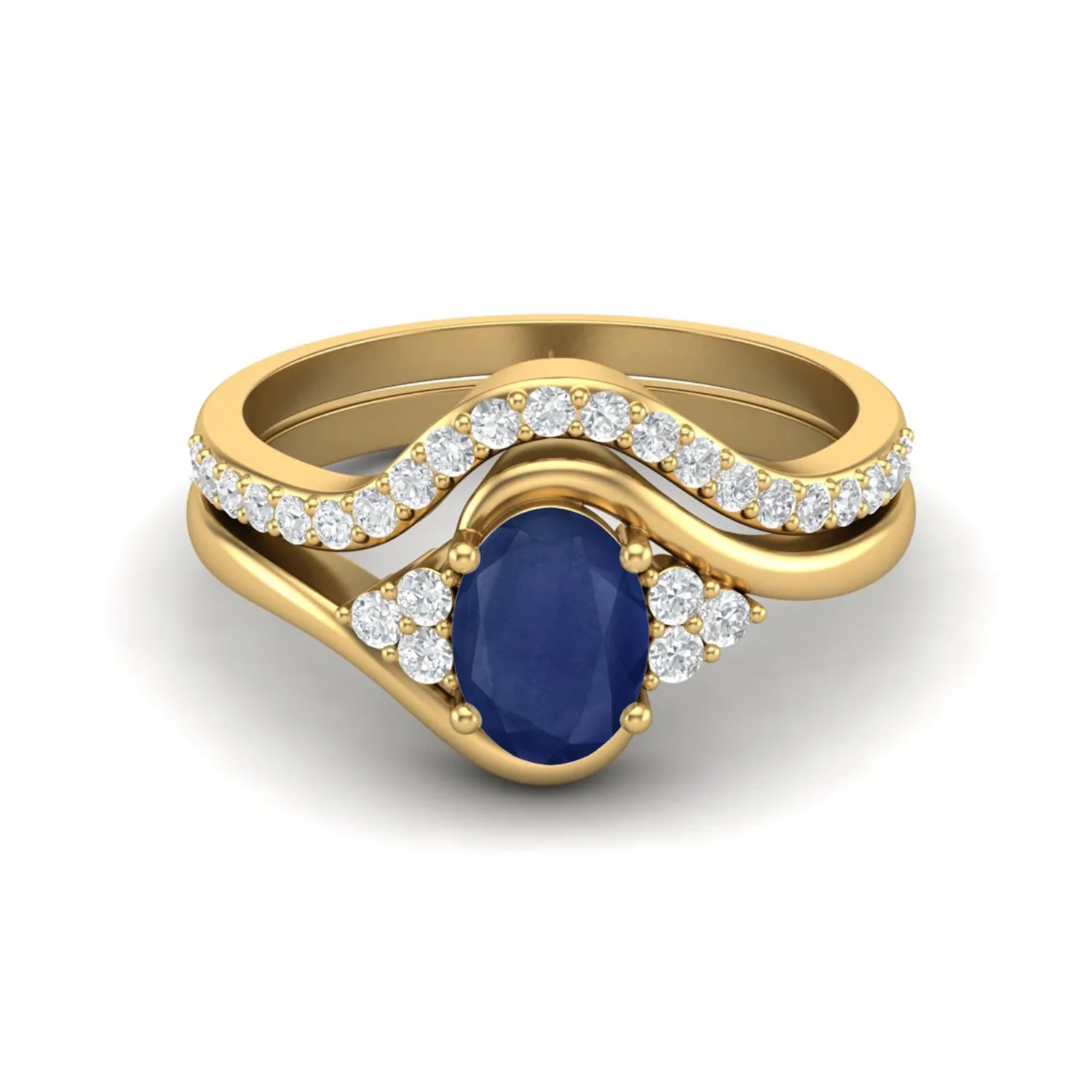 Natural Blue Sapphire Gemstone 925 Sterling Silver Dual Band Women Bridal Ring