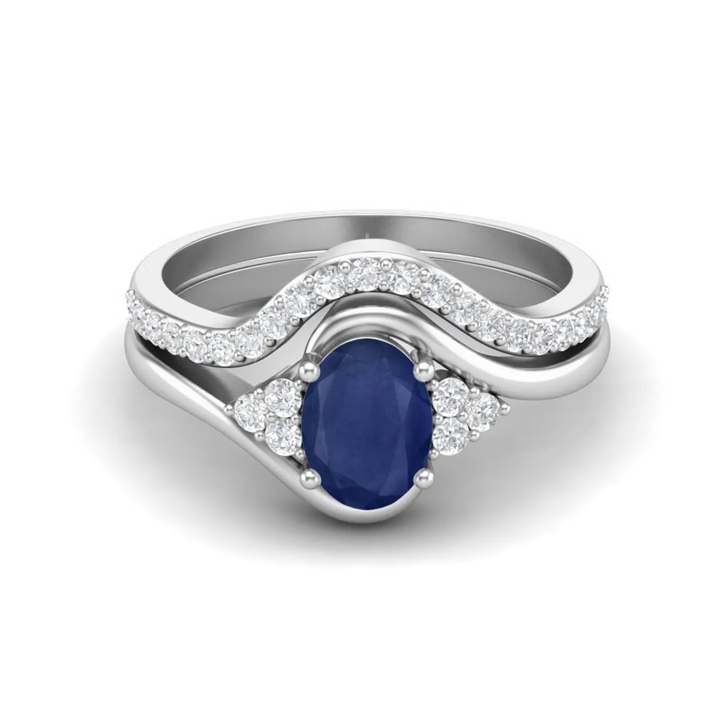 Natural Blue Sapphire Gemstone 925 Sterling Silver Dual Band Women Bridal Ring
